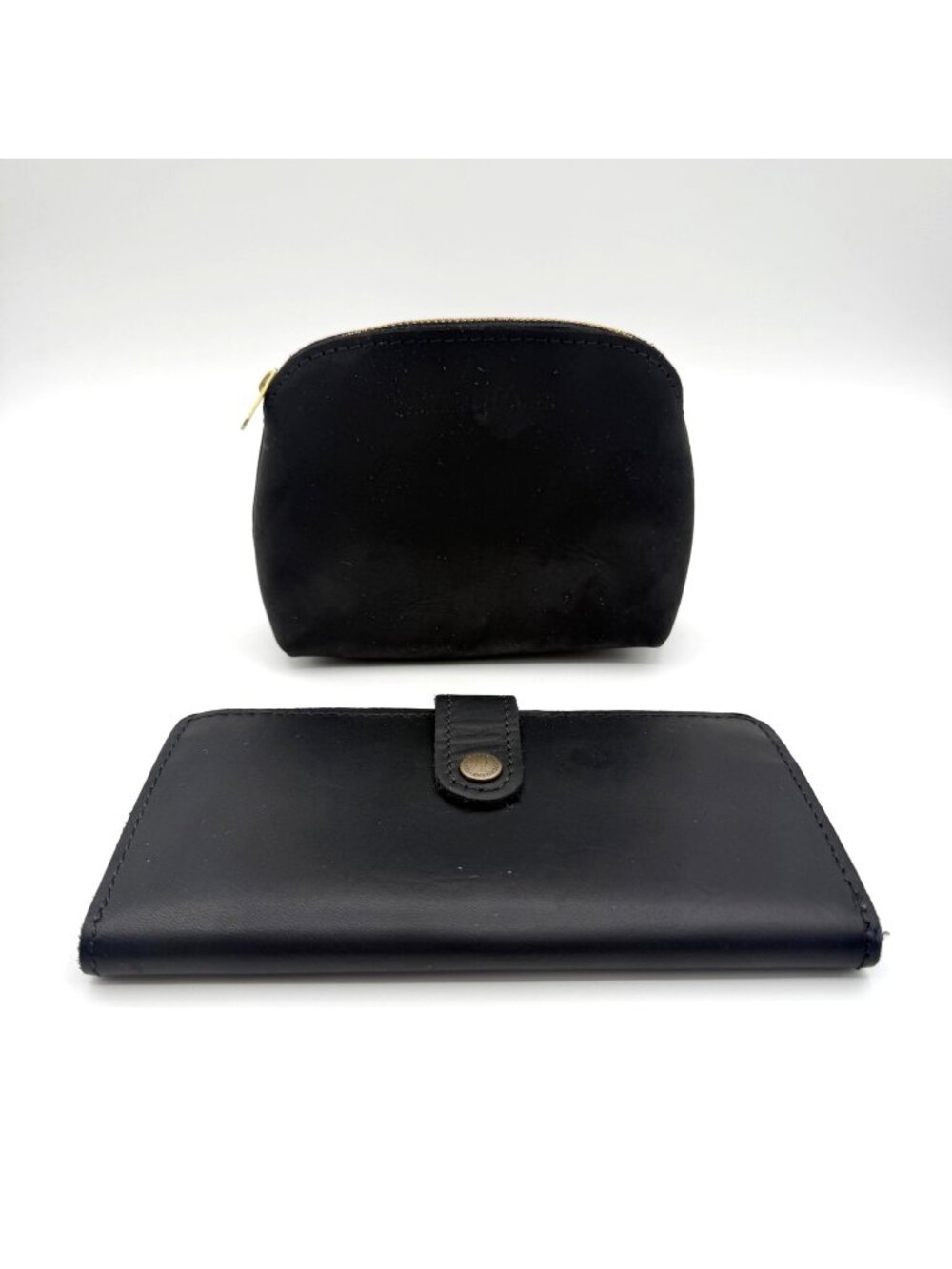 Lot of (2) Portland Leather Goods Black Bifold Wallet Card Slots & Zip Top Pouch